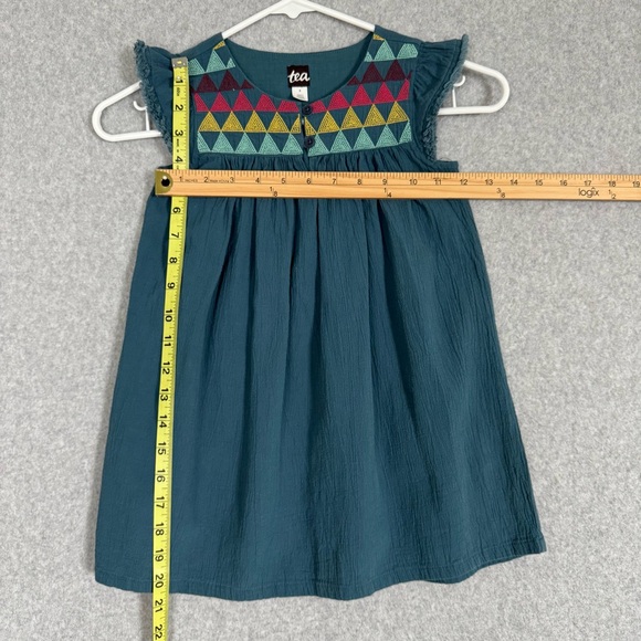Tea Collection Dress Girl Size 4 Teal Blue Embroidered Flutter Sleeve Geometric - Picture 10 of 12